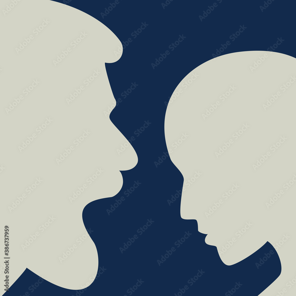 Man aggresive shouting, screaming at woman. Domestic violence. People profile heads. Vector background.