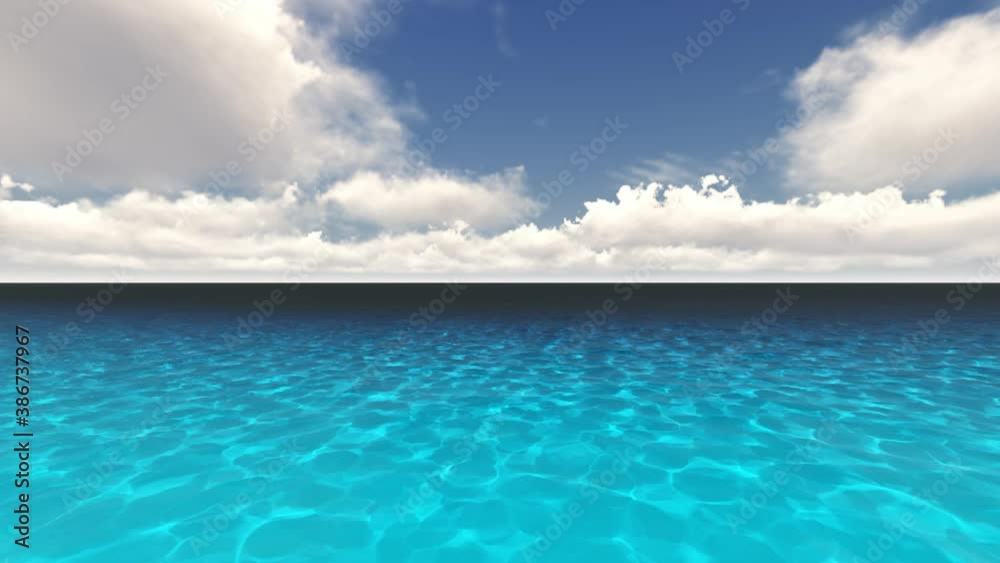 Beautiful tranquil natural vacation seascape with scenic ocean waves in tropical environment, deep clear transparent pure blue water background. A summer travel in paradise, peaceful 3D render Beautiful tranquil natural vacation seascape with scenic ocean waves in tropical environment, deep clear transparent pure blue water background. A summer travel in paradise, peaceful 3D render
