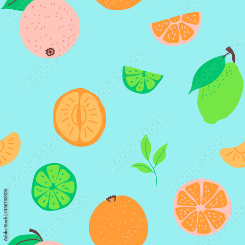 Seamless pattern with vector watercolor citrus: lemon, orange, grapefruit