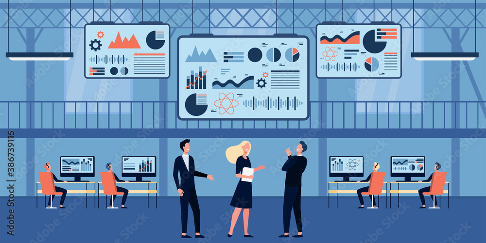Business people working in control center with big screens flat vector illustration. Cartoon engineers checking security in datacenter. Computer technology and cybersecurity department concept Business people working in control center with big screens flat vector illustration. Cartoon engineers checking security in datacenter. Computer technology and cybersecurity department concept