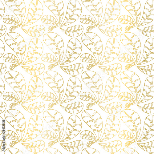 Delicate seamless vector pattern. Gold abstract line leaf shapes on white background. Great for interior fabrics, wallpaper, wedding invitations and Christmas wrapping paper and decorations.