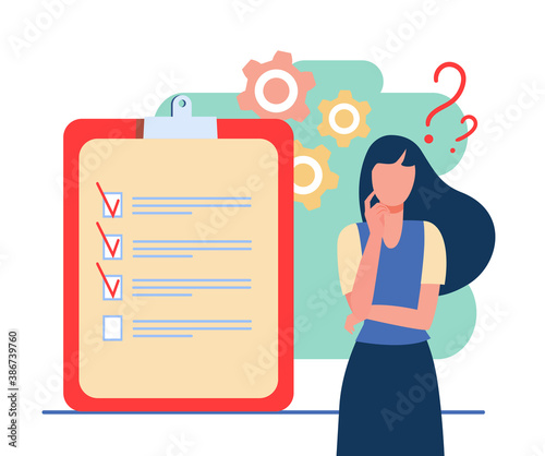 Woman coming up with ideas for new project. Check list, plan. Flat vector illustration. Project concept can be used for presentations, banner, website design, landing web page
