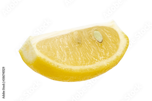 Lemon slice cut along the middle of the quarter isolated on white background