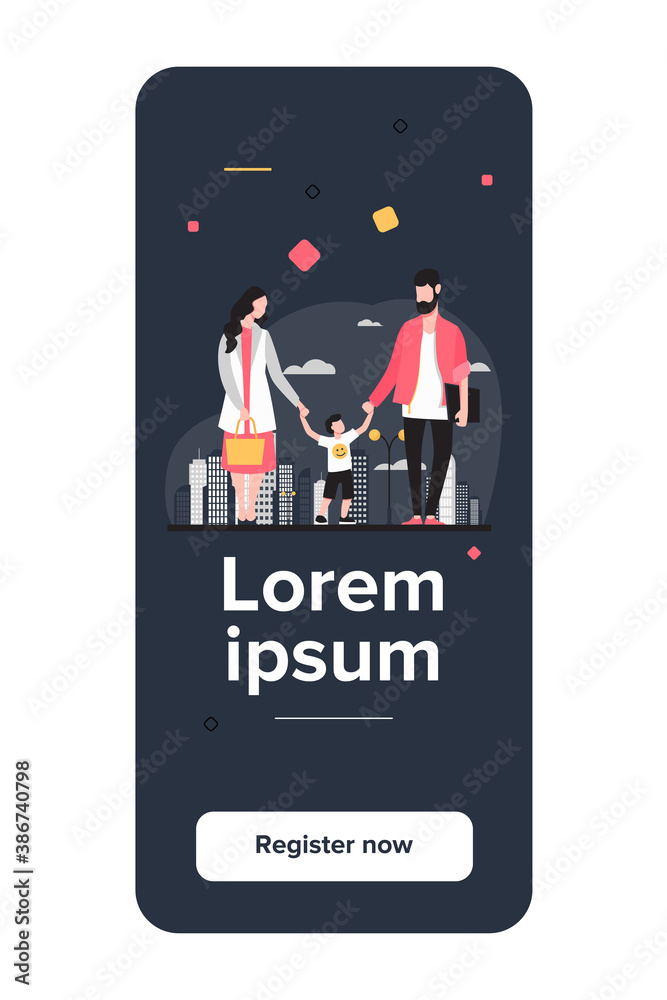 Happy family walking in city. Boy holding mom and dad hands flat vector illustration. Parents, childhood, lifestyle concept for banner, website design or landing web page