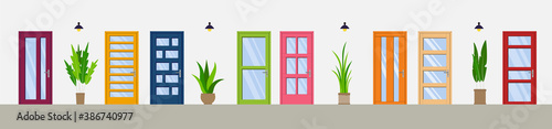 Office Room Door Corridor Waiting Hallway. Colourful front doors. Cartoon vector flat-style concept illustration.