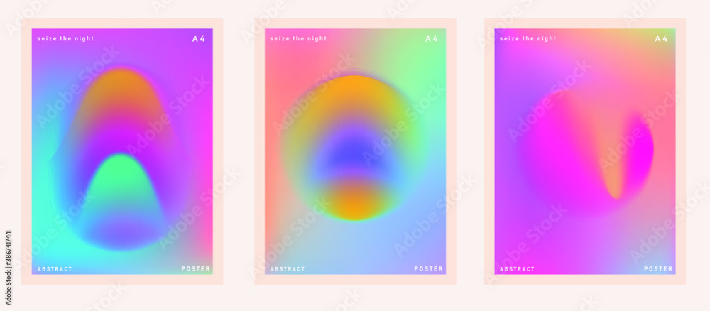 Set of abstract posters with neon blurry circles on holographic background. Cover template for dance party or music event.