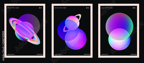Set of minimal posters with abstract composition of glowing neon planets. Synthwave and vaporwave style covers for music or dance event.