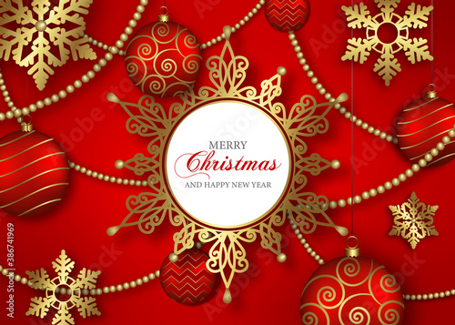 merry christmas background with red balls and gold snowflakes