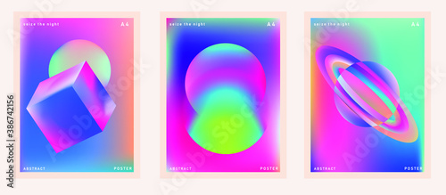 Set of minimal posters with abstract composition of glowing neon planets. Synthwave and vaporwave style covers for music or dance event.