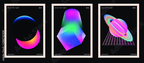Set of minimal posters with abstract composition of glowing neon shapes and planets. Synthwave and vaporwave style covers for music or dance event.