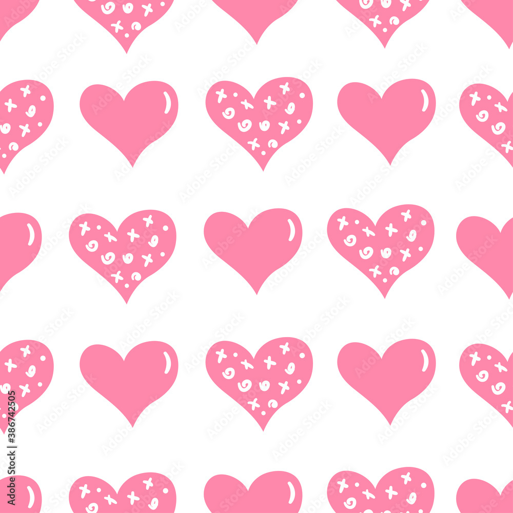 Simple hearts seamless vector pattern. Valentines day background. Flat design endless chaotic heart silhouettes.