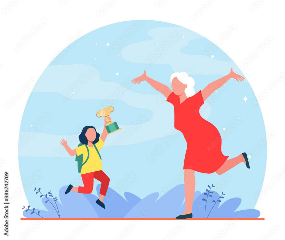 Grandparent congratulating grandchild with victory in contest. Emotions, cup. Flat vector illustration. Contest concept can be used for presentations, banner, website design, landing web page