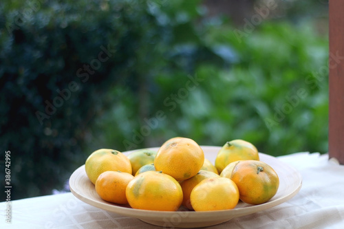 Wooden bowl with tangerines in a garden. Selective focus.