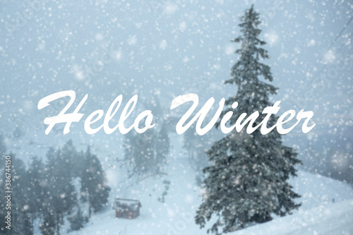 Winter landscape with inscription "Hello Winter".