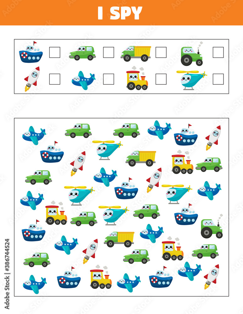 I spy educational game for preschool kids. Learn count. Transportation theme. Printable activity worksheet.