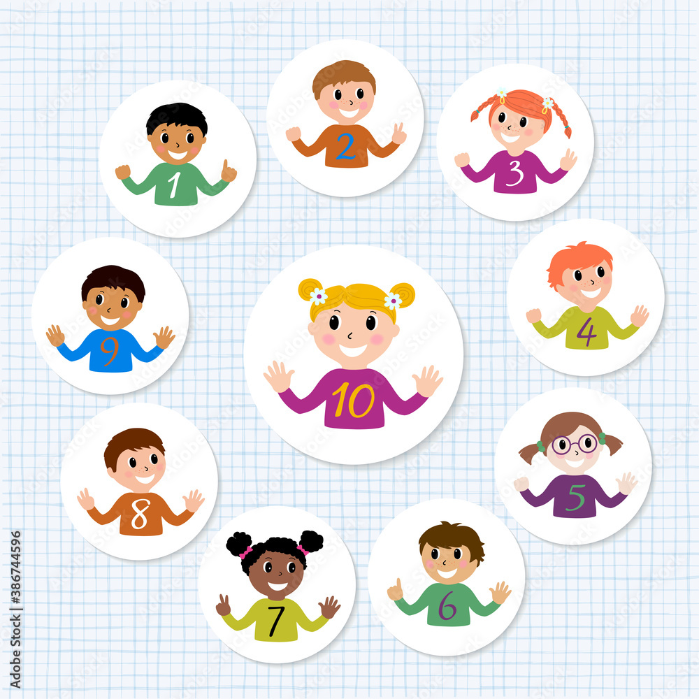Set of round icons happy children show the number with their fingers. Kids educational material. Vector illustration. Set of round icons happy children show the number with their fingers. Kids educational material. Vector illustration.