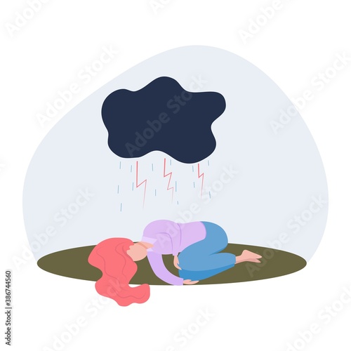 Sad and lonely girl lies on the floor and lowers her head. Depression, sadness, mental disorder, illness. Flat vector illustrations 