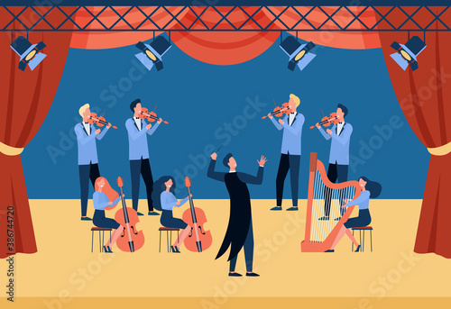 Conductor and musicians standing on theater stage flat vector illustration. Cartoon people playing violin, cello and harp. Symphony orchestra and classical music concert concept