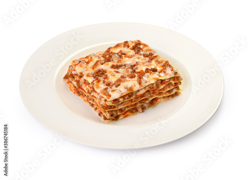 Lasagna Bolognese in the plate, isolated on white background