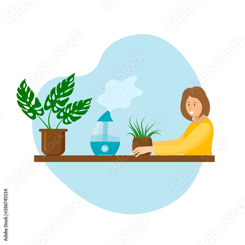 Humidifier air diffuser, houseplants and woman at the table. Purifier microclimate ultrasonic home concept, healthy humidity. Vector flat illustration.