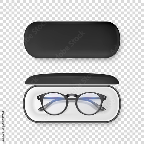 Vector 3d Realistic Plastic Round Black Rimmed Eye Glasses in Black Case Box Closeup Isolated on ransparent Background. Women, Men, Unisex Accessory. Optics, Health Concept. Design Template for Mockup