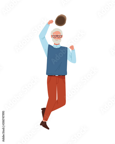 happy old man celebrating with beret chararacter