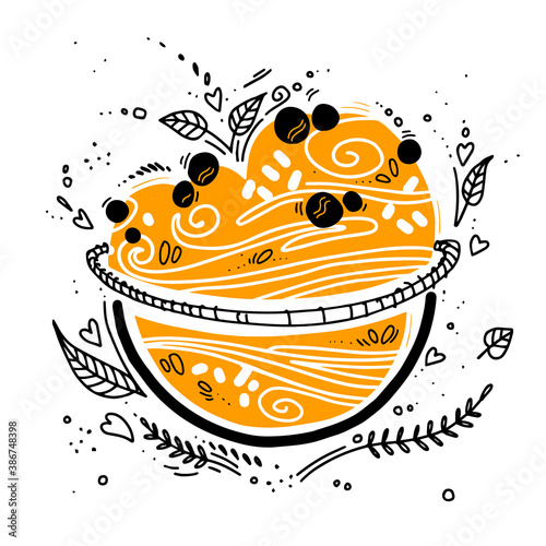 granola in a bowl in doodle style with on white. breakfast organic food muesli. healthy food concept. oatmeal porridge. hipsters lifestyle.