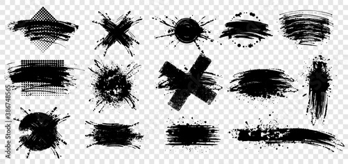 Collection of black paint. Spray paint elements, brush stroke, black splashes set. Black grunge.Creative dirty artistic design elements, boxes, frames for text.  Vector illustration
