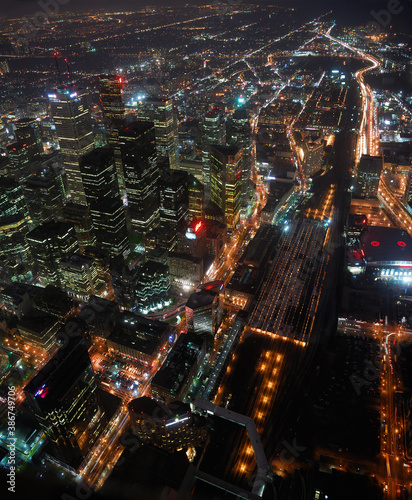 Photography Arial view of downtown Toronto looking east at night