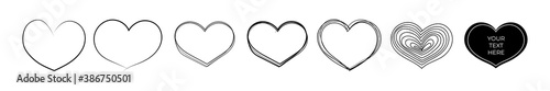 Set of hand drawn pen and pencil black heart. Abstract love frame sketch on white background. Continuous line art doodle vector illustration