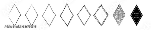 Set of hand drawn pen and pencil black rhombus. Rhomb frame sketch on white background. Continuous line art doodle vector illustration