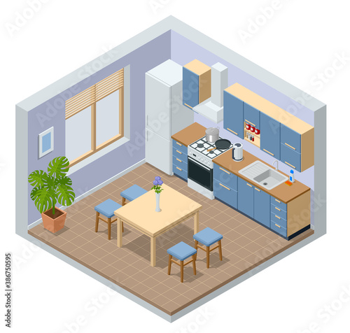 Isometric minimalist kitchen room interior with dinning furniture on a floor. Modern house interior with kitchen and dining room combination.