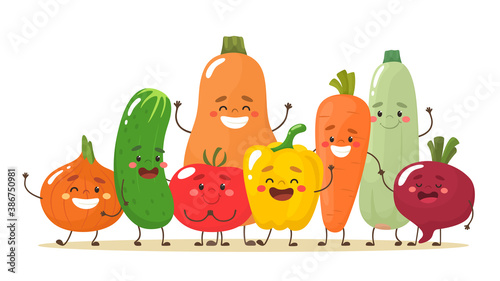 Happy and cute vegetables together. Vector characters in flat cartoon style.