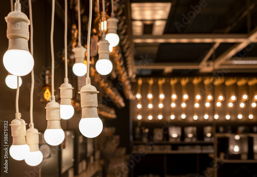 decorative light bulbs hanging from the ceiling. light sources for the background.