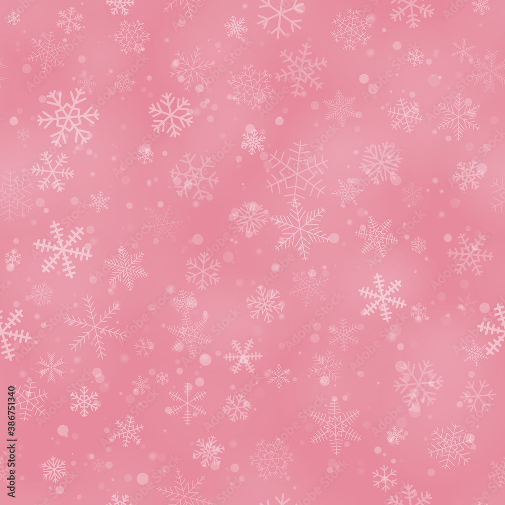 Christmas seamless pattern of snowflakes of different shapes, sizes and transparency, on pink background