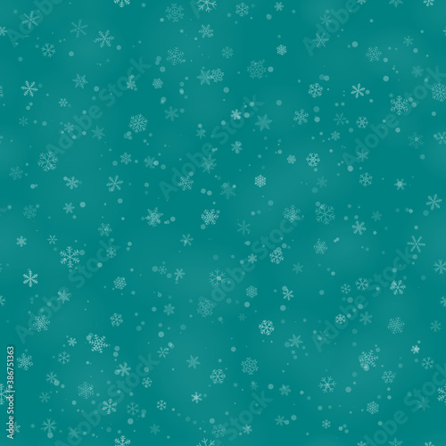 Christmas seamless pattern of snowflakes of different shapes, sizes and transparency, on turquoise background