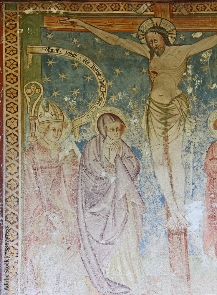 San Vigilio e Maria sotto la Croce; particolare di affresco esterno della chiesa romanica di San Vigilio a Morter; Alto Adige