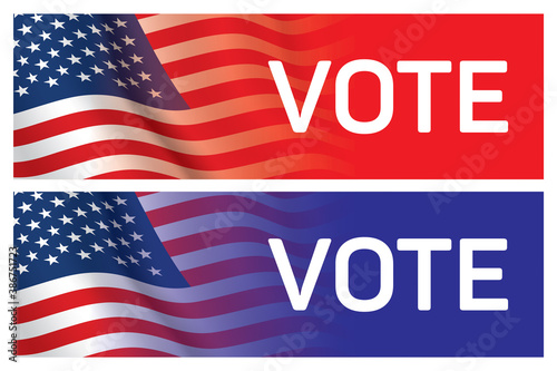 Set of red and blue voting banners with waving USA flag background. Vector design for elections campaign in the United States of America with VOTE message. Political banner, or sticker ready design.