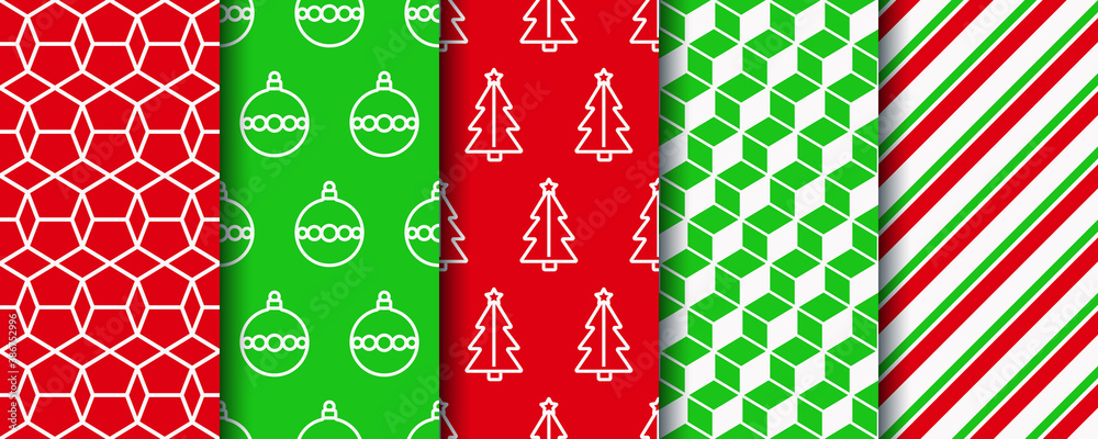 Christmas seamless patterns collection. New year texture. Festive seamless background with xmas tree, candycane stripes and geometric ornament. Holiday wrapping paper. Vector Christmas seamless patterns collection. New year texture. Festive seamless background with xmas tree, candycane stripes and geometric ornament. Holiday wrapping paper. Vector