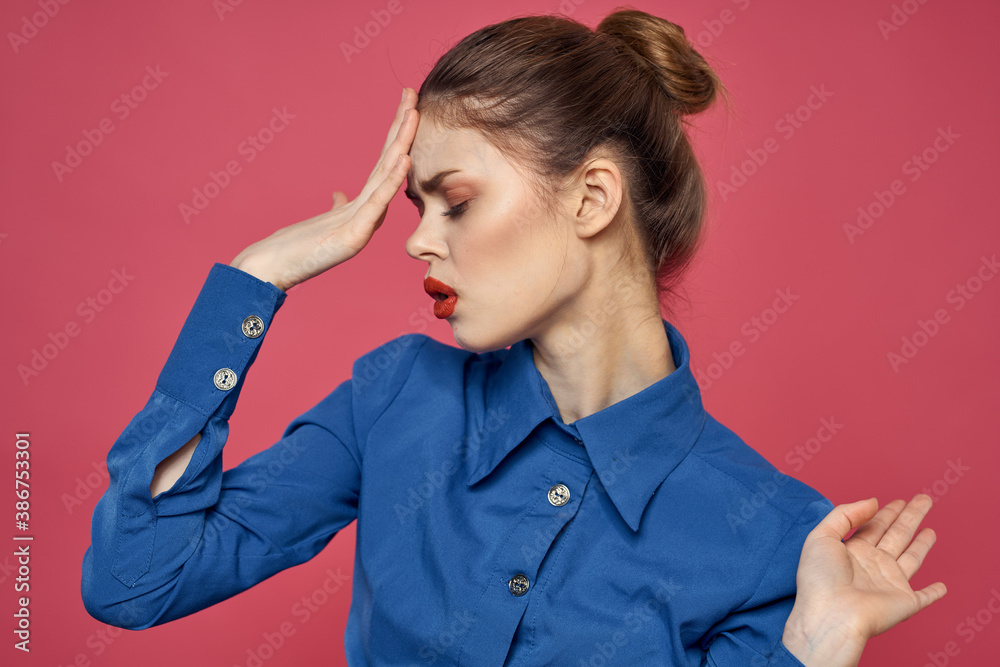 Portrait of emotional woman in blue shirt with bright makeup gesturing with hands Copy Space Portrait of emotional woman in blue shirt with bright makeup gesturing with hands Copy Space