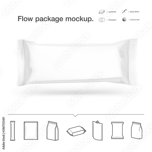 Hight realistic flow packaging mockup. Vector illustration isolated on white background. Can be use for your design, promo, adv and etc. Possibility for food, pharmaceutical, cosmetic. EPS10.	