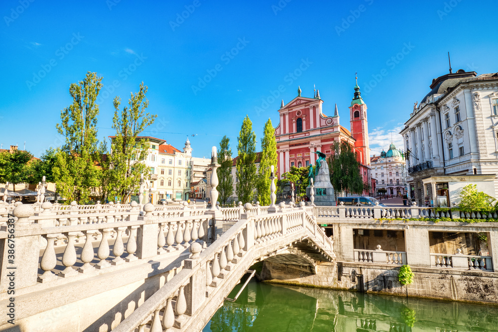 Ljubljana City Center during a Sunny Day overlooking the Triple Bridge and Beautiful Franciscan Church