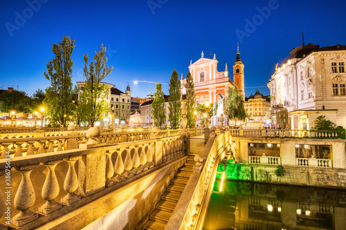 Ljubljana City Center at Dusk overlooking the Triple Bridge and Beautiful Franciscan Church