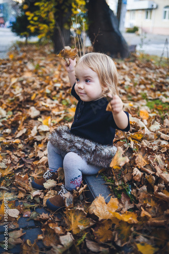 A little girl of 1.5 years is standing and smiling. The child throws leaves. Cheerful girl in the autumn forest