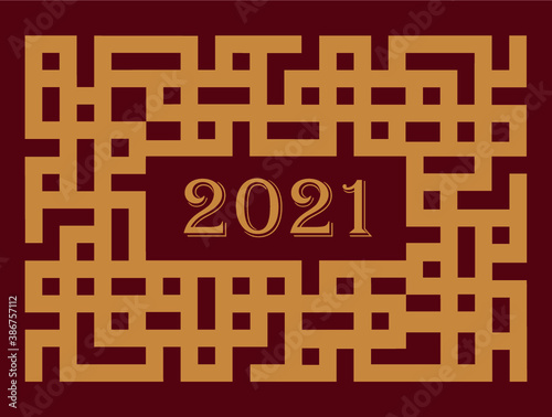 Chinese vintage decorative frame with 2021 Happy New Year card design. Christmas traditional decorative banner