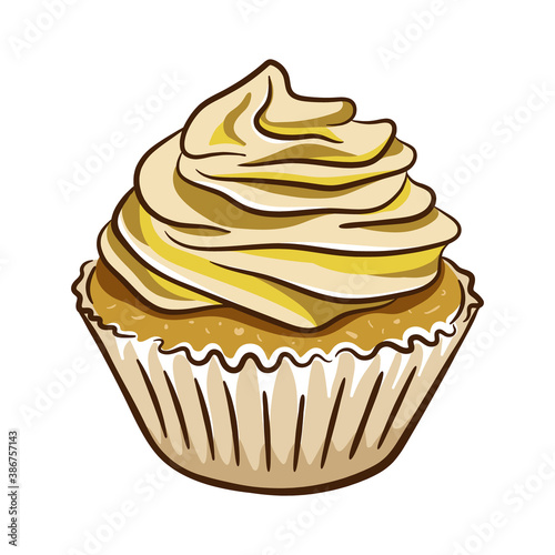 Vanilla cupcake with cream. Sweet cupcake with cream cheese frosting. Cream brulee, banana, vanilla, caramel or coconut flavor pastry. Vector illustration.