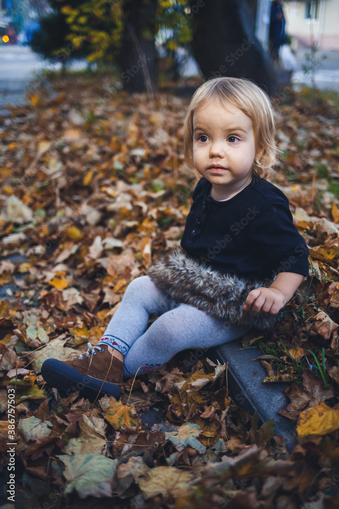 A little girl of 1.5 years is standing and smiling. The child throws leaves. Cheerful girl in the autumn forest A little girl of 1.5 years is standing and smiling. The child throws leaves. Cheerful girl in the autumn forest