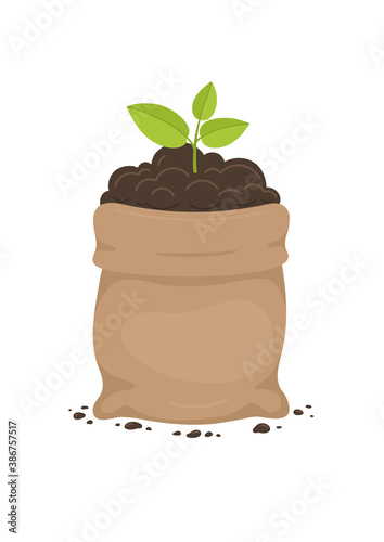 Young plant growth from  gunny sack full of soil. Farming and agriculture illustration. 