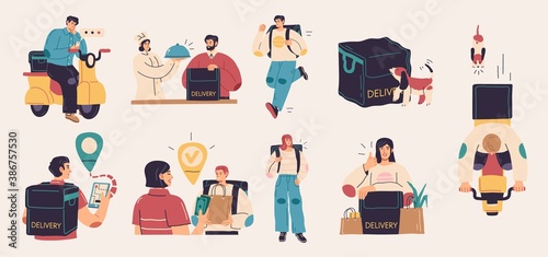 Collection of delivery service, fast food, food delivery, courier service illustrations isolated on white background. Flat cartoon colorful vector illustration.
