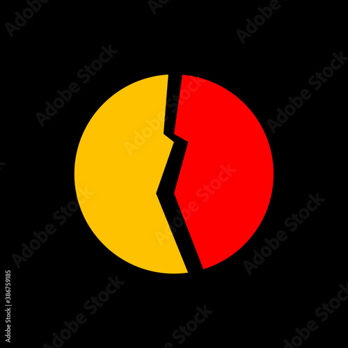 Two halves of a circle in red and yellow on a black background. Cracked circle. Fault. Background image. Red and yellow on a black background. Template for text. Poster. Colored emblem.